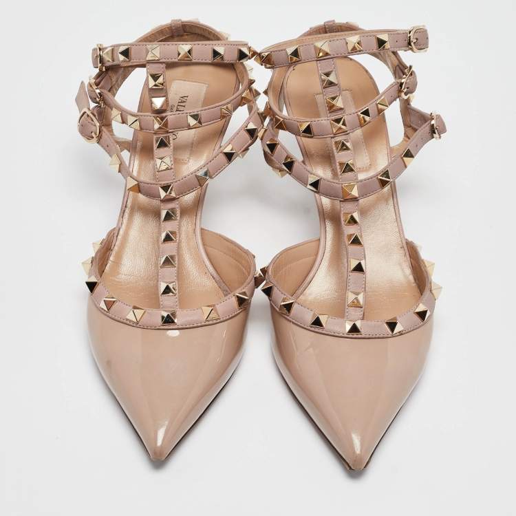 Pre Owned Valentino Beige Patent and Leather Rockstud Ankle Strap Pumps Size 39