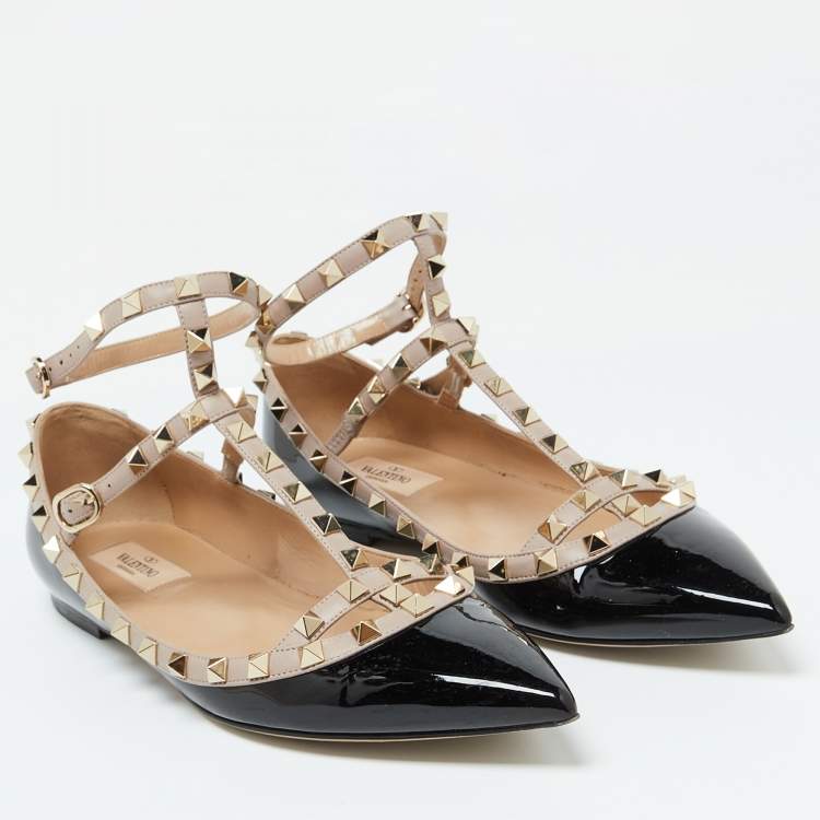 مملوكة مسبقًا Valentino Black Leather and Patent Leather Rockstud Ballet Flats 40