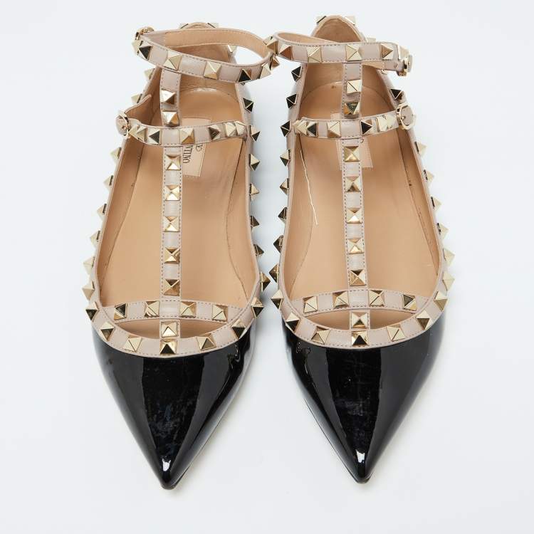 مملوكة مسبقًا Valentino Black Leather and Patent Leather Rockstud Ballet Flats 40