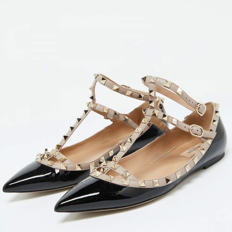 مملوكة مسبقًا Valentino Black Leather and Patent Leather Rockstud Ballet Flats 40
