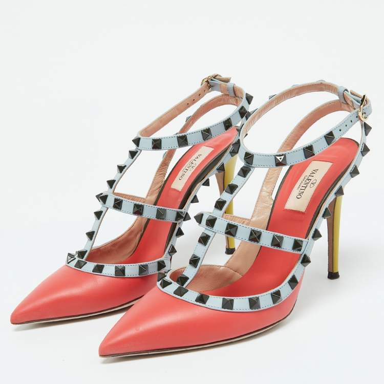 Pre Owned Valentino Multicolor Leather Rockstud Ankle Strap Pumps Size 39