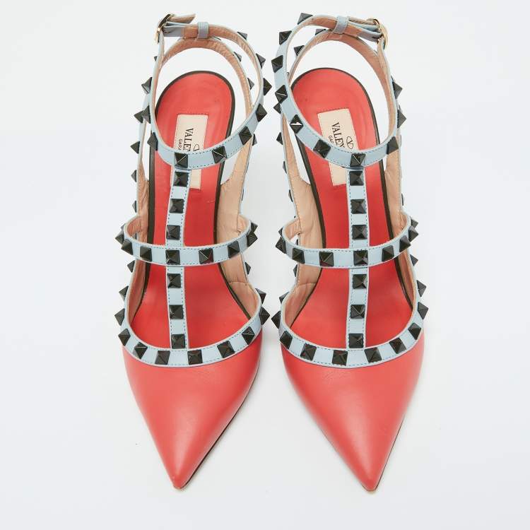 Pre Owned Valentino Multicolor Leather Rockstud Ankle Strap Pumps Size 39