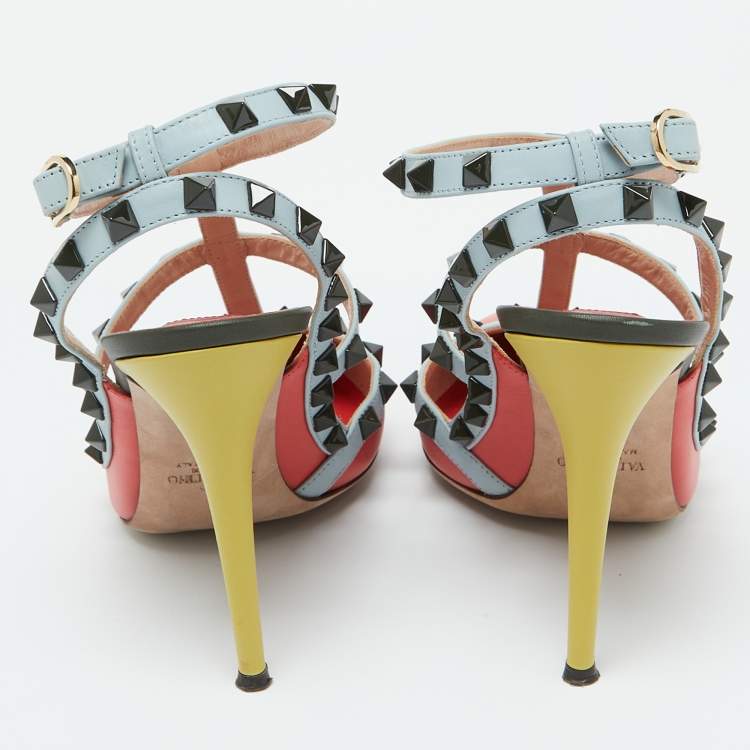 Pre Owned Valentino Multicolor Leather Rockstud Ankle Strap Pumps Size 39