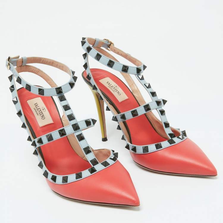 Pre Owned Valentino Multicolor Leather Rockstud Ankle Strap Pumps Size 39