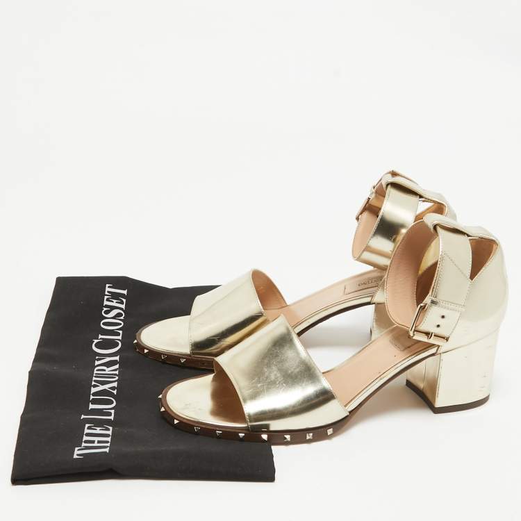 Pre Owned Valentino Gold Leather Soul Rockstud Ankle Strap Sandals Size 38
