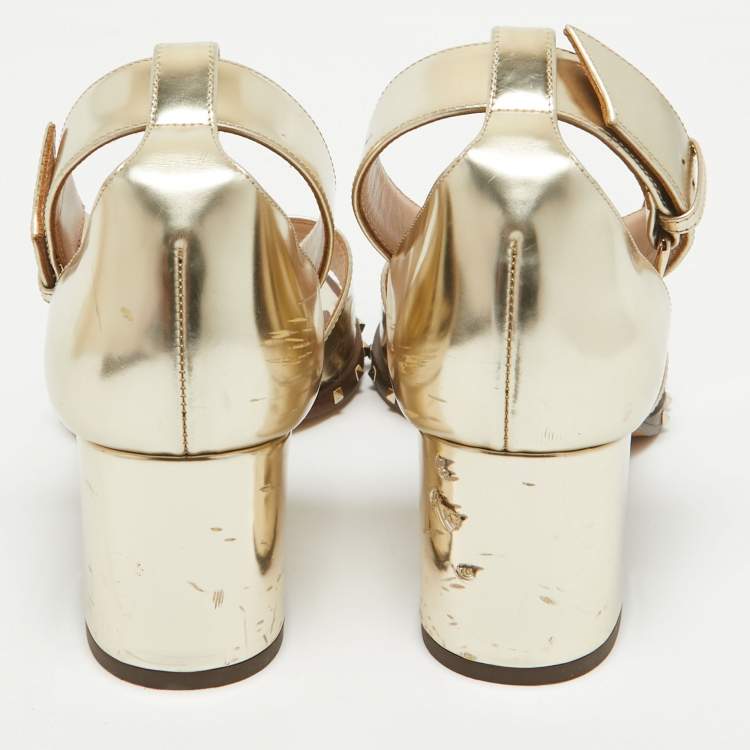 Pre Owned Valentino Gold Leather Soul Rockstud Ankle Strap Sandals Size 38