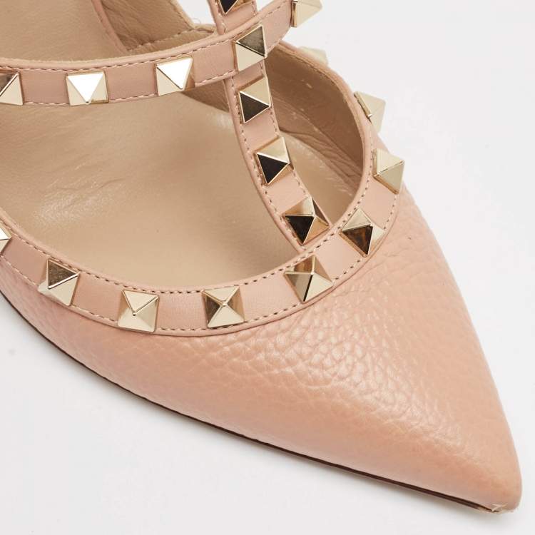 مملوكة مسبقًا Valentino Pink Leather Rockstud Ankle Strap Pumps Size 37