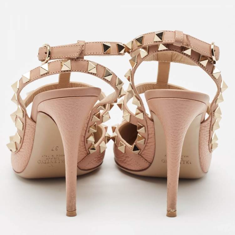 مملوكة مسبقًا Valentino Pink Leather Rockstud Ankle Strap Pumps Size 37