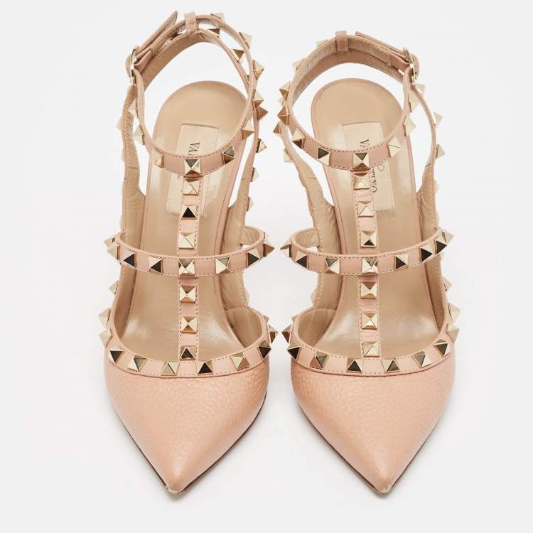 مملوكة مسبقًا Valentino Pink Leather Rockstud Ankle Strap Pumps Size 37