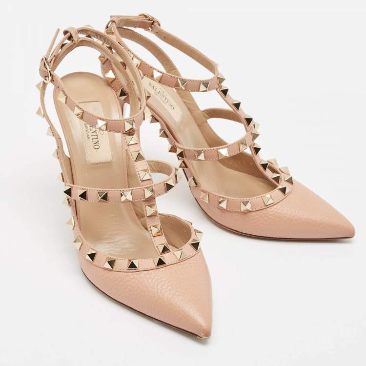 مملوكة مسبقًا Valentino Pink Leather Rockstud Ankle Strap Pumps Size 37