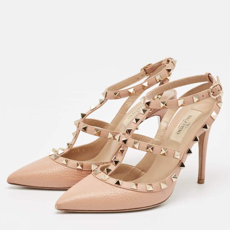 مملوكة مسبقًا Valentino Pink Leather Rockstud Ankle Strap Pumps Size 37