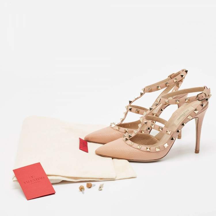 مملوكة مسبقًا Valentino Pink Leather Rockstud Ankle Strap Pumps Size 37
