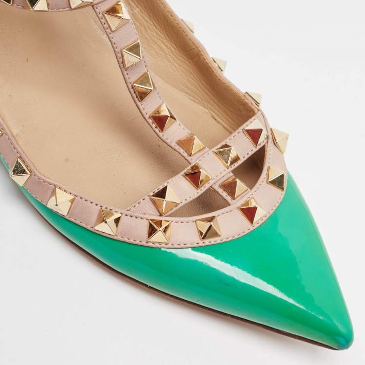 Pre Owned Valentino Green/Beige Patent and Leather Rockstud Ballet Flats Size 38
