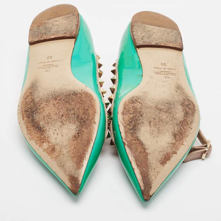 Pre Owned Valentino Green/Beige Patent and Leather Rockstud Ballet Flats Size 38