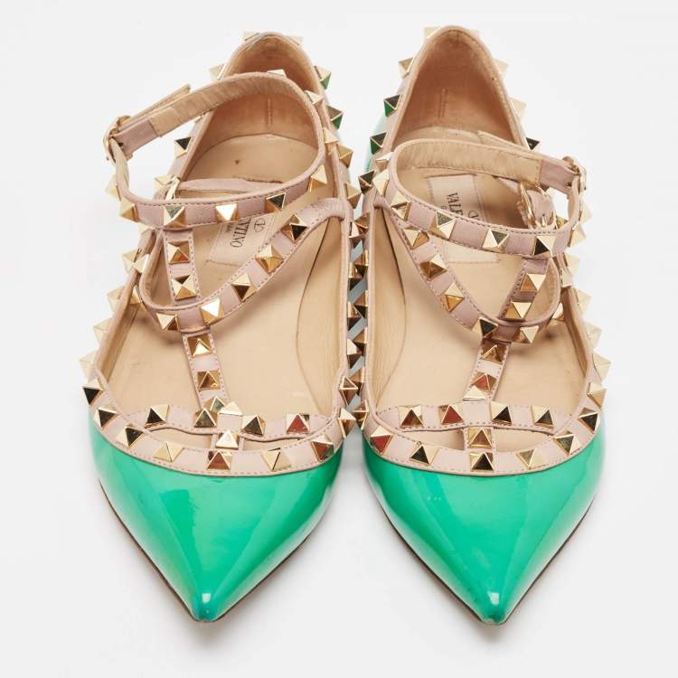 Pre Owned Valentino Green/Beige Patent and Leather Rockstud Ballet Flats Size 38