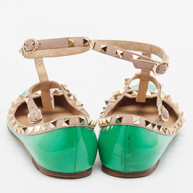 Pre Owned Valentino Green/Beige Patent and Leather Rockstud Ballet Flats Size 38