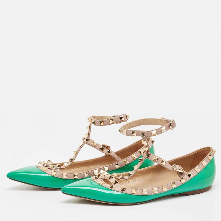 Pre Owned Valentino Green/Beige Patent and Leather Rockstud Ballet Flats Size 38