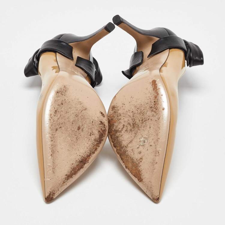 Pre Owned Valentino Beige/Black Leather and Patent Bow Pointed Toe Pumps Size 38.5