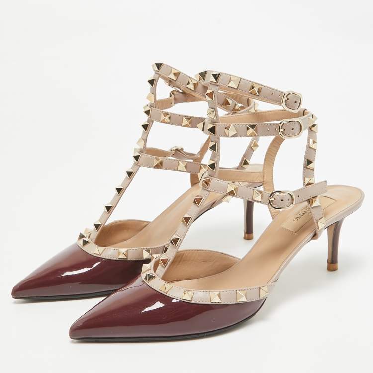Pre Owned Valentino Burgundy Patent Leather Rockstud Ankle Strap Pumps Size 40