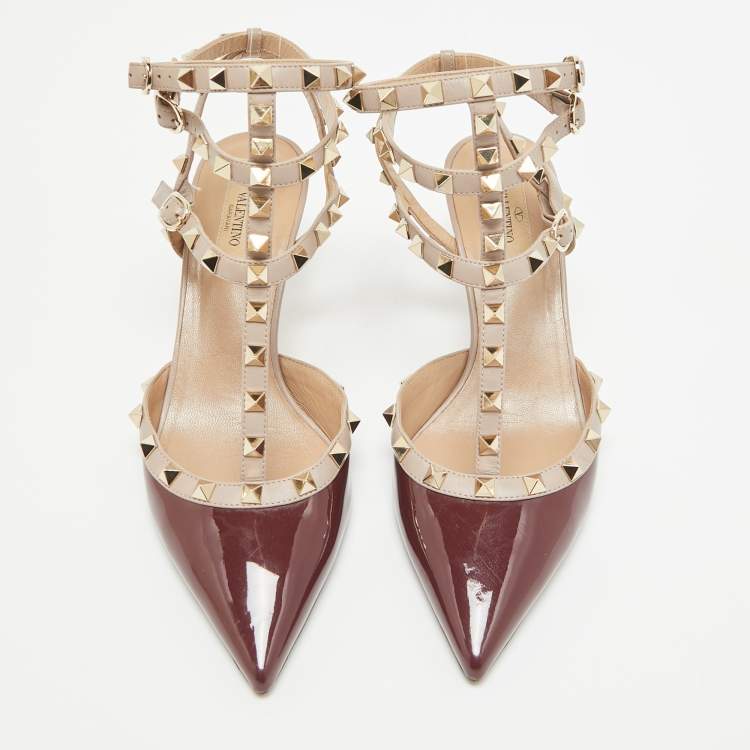 Pre Owned Valentino Burgundy Patent Leather Rockstud Ankle Strap Pumps Size 40