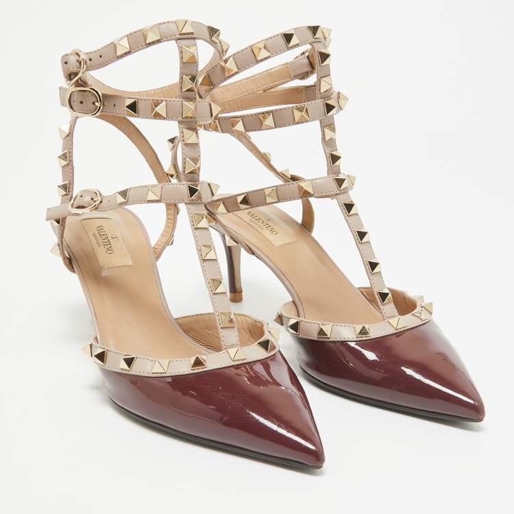 Pre Owned Valentino Burgundy Patent Leather Rockstud Ankle Strap Pumps Size 40