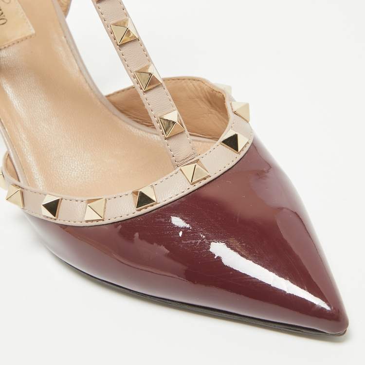 Pre Owned Valentino Burgundy Patent Leather Rockstud Ankle Strap Pumps Size 40