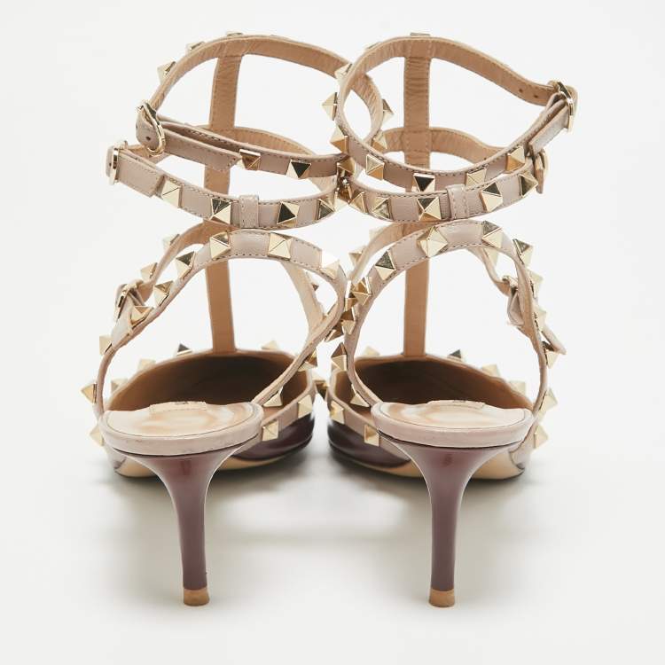 Pre Owned Valentino Burgundy Patent Leather Rockstud Ankle Strap Pumps Size 40