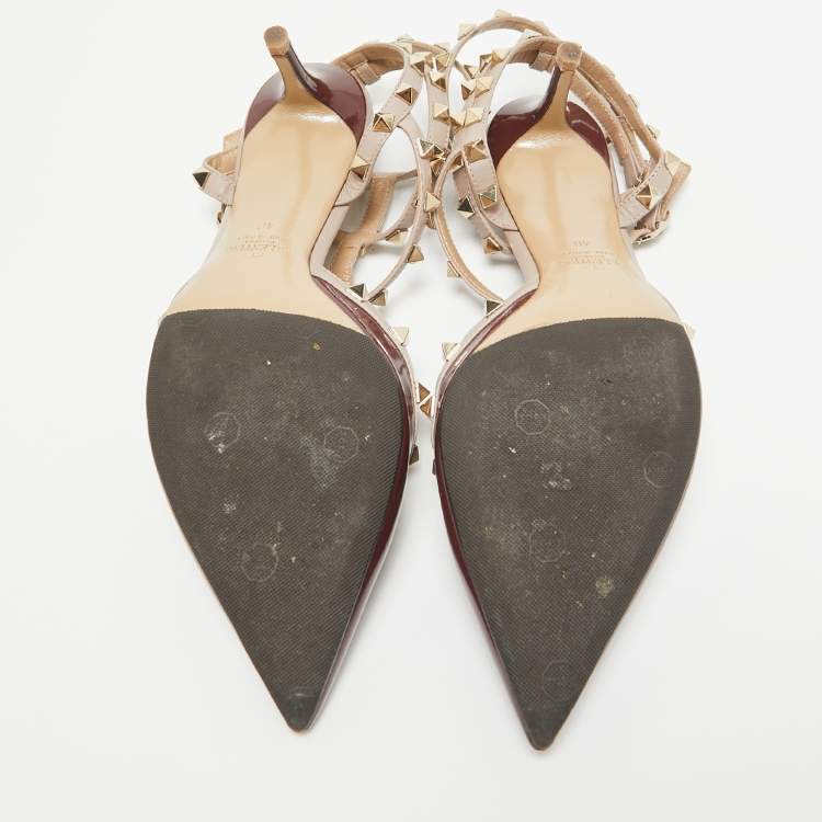 Pre Owned Valentino Burgundy Patent Leather Rockstud Ankle Strap Pumps Size 40
