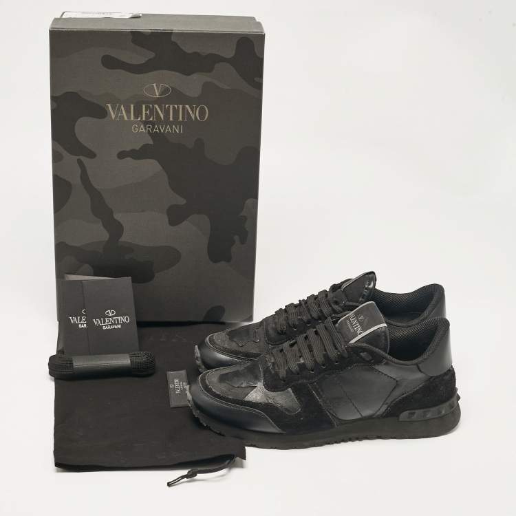 Pre Owned Valentino Black Leather and Suede Rockrunner Low Top Sneakers Size 36