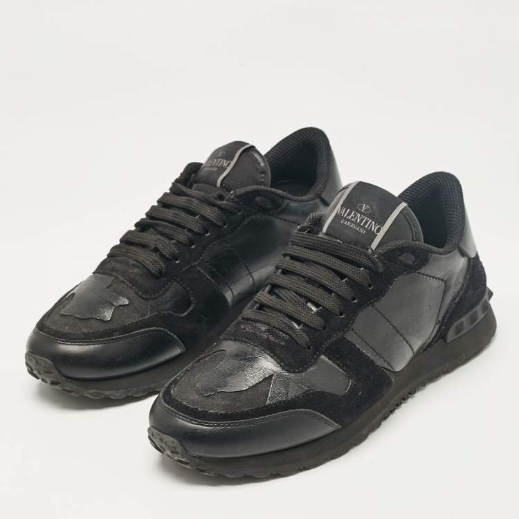 Pre Owned Valentino Black Leather and Suede Rockrunner Low Top Sneakers Size 36