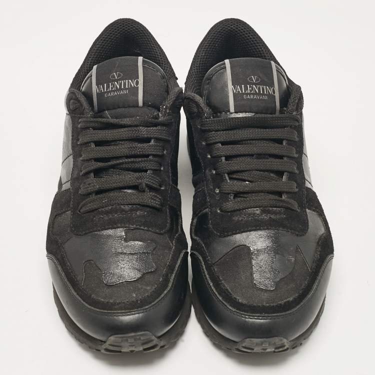 Pre Owned Valentino Black Leather and Suede Rockrunner Low Top Sneakers Size 36
