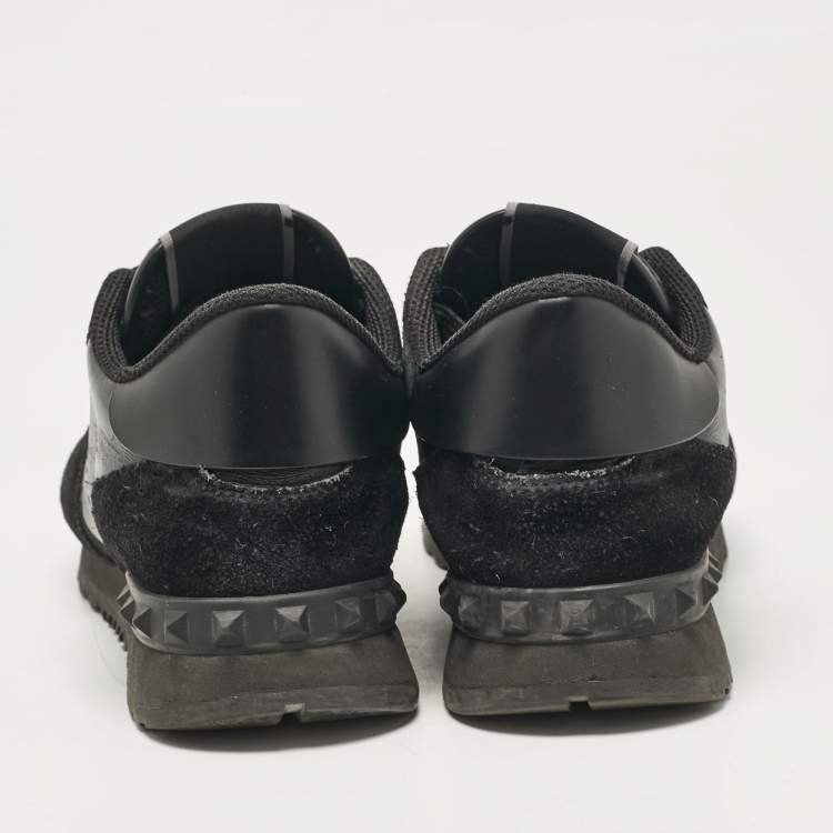 Pre Owned Valentino Black Leather and Suede Rockrunner Low Top Sneakers Size 36