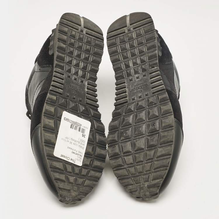 Pre Owned Valentino Black Leather and Suede Rockrunner Low Top Sneakers Size 36