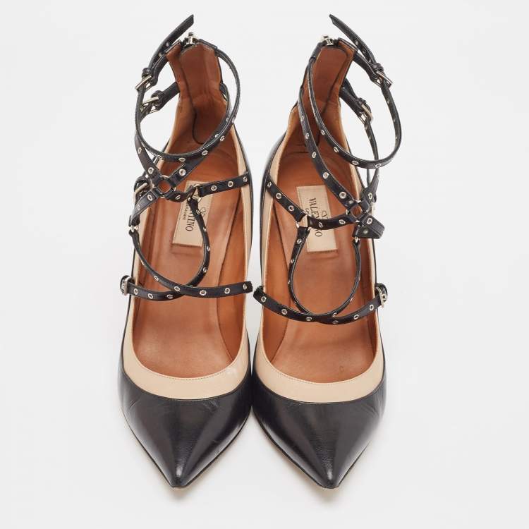 Pre Owned Valentino Black/Beige Leather Rockstud Pumps Size 40