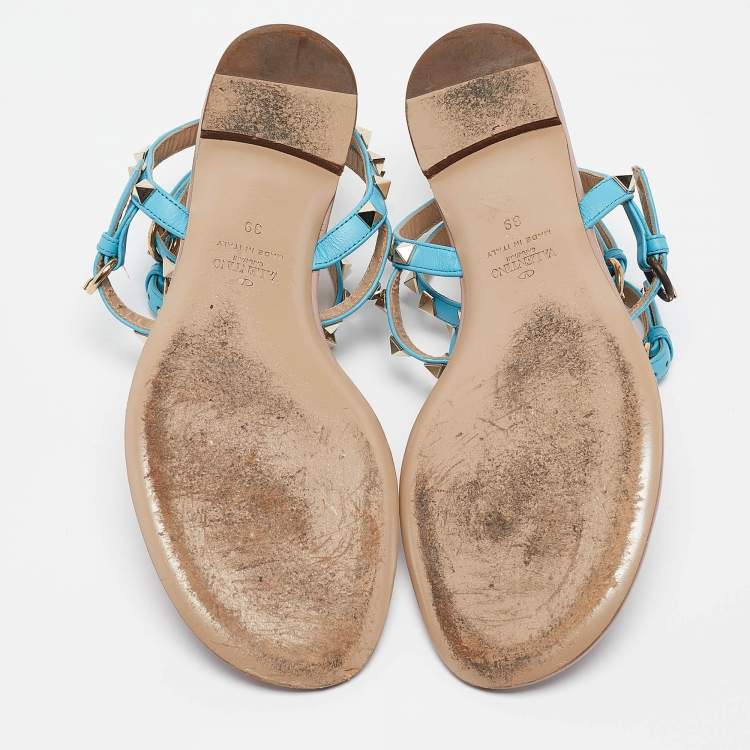 Pre Owned Valentino Blue Leather Rockstud Flat Sandals Size 39