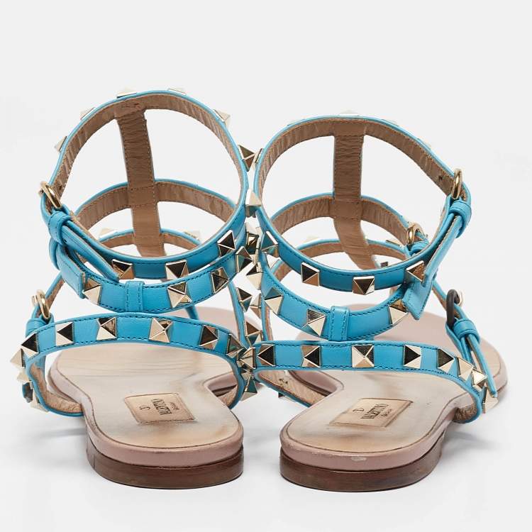 Pre Owned Valentino Blue Leather Rockstud Flat Sandals Size 39