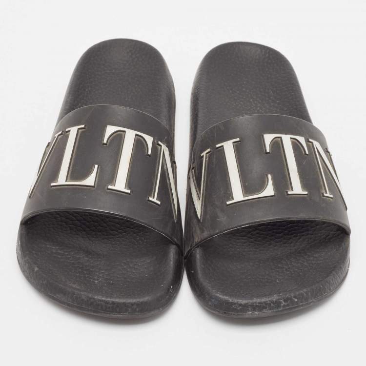 Pre Owned Valentino Black Rubber VLTN Flat Slides Size 38