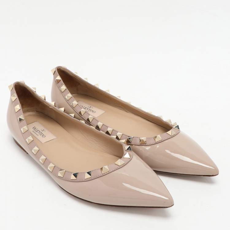 Pre Owned Valentino Beige Patent Leather Rockstud Ballet Flats Size 38