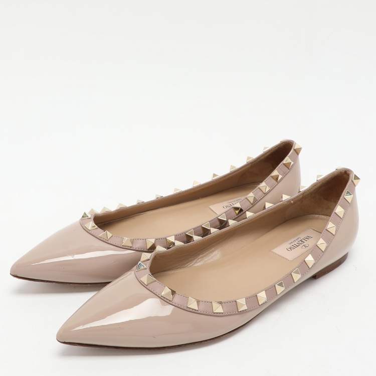 Pre Owned Valentino Beige Patent Leather Rockstud Ballet Flats Size 38