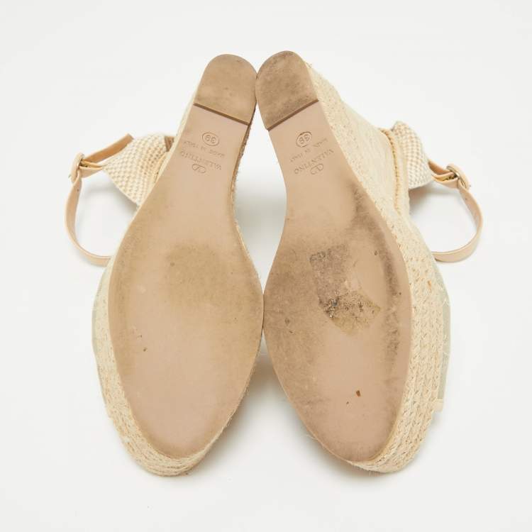 Pre Owned Valentino Two Tone Lace and Leather Espadrille Wedge Ankle Strap Sandals Size 39