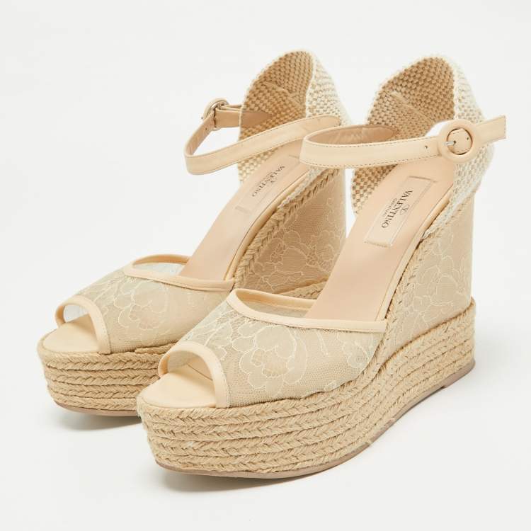Pre Owned Valentino Two Tone Lace and Leather Espadrille Wedge Ankle Strap Sandals Size 39