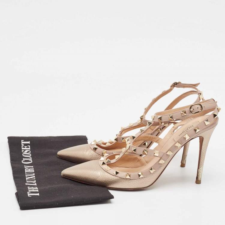 Pre Owned Valentino Metallic Pink Leather Rockstud Ankle Strap Pumps Size 42