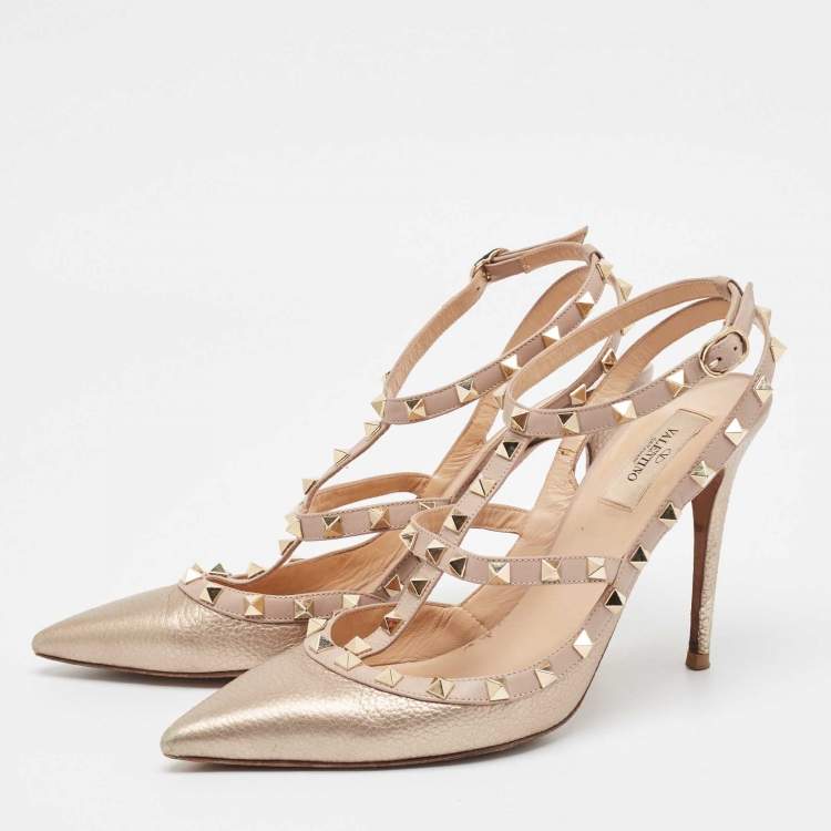 Pre Owned Valentino Metallic Pink Leather Rockstud Ankle Strap Pumps Size 42