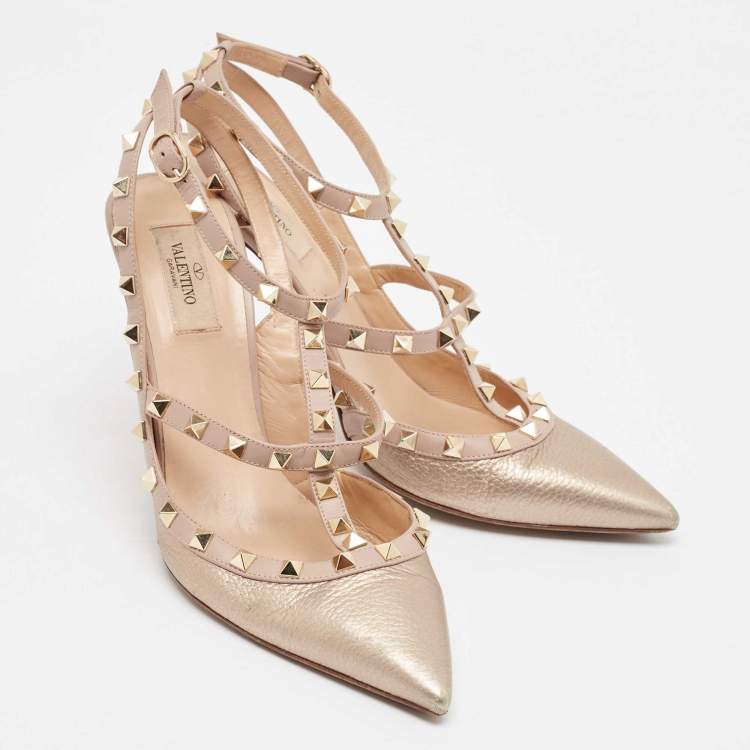 Pre Owned Valentino Metallic Pink Leather Rockstud Ankle Strap Pumps Size 42