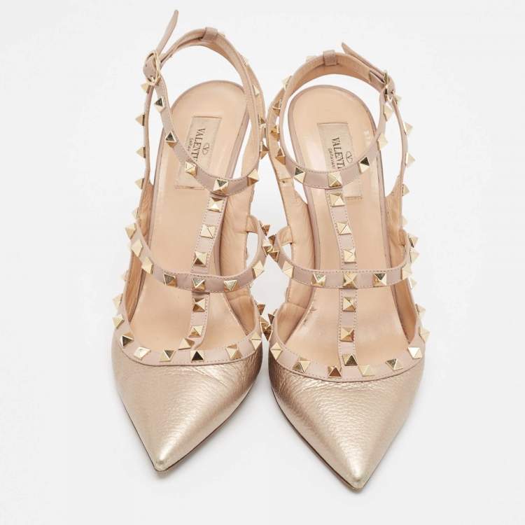 Pre Owned Valentino Metallic Pink Leather Rockstud Ankle Strap Pumps Size 42