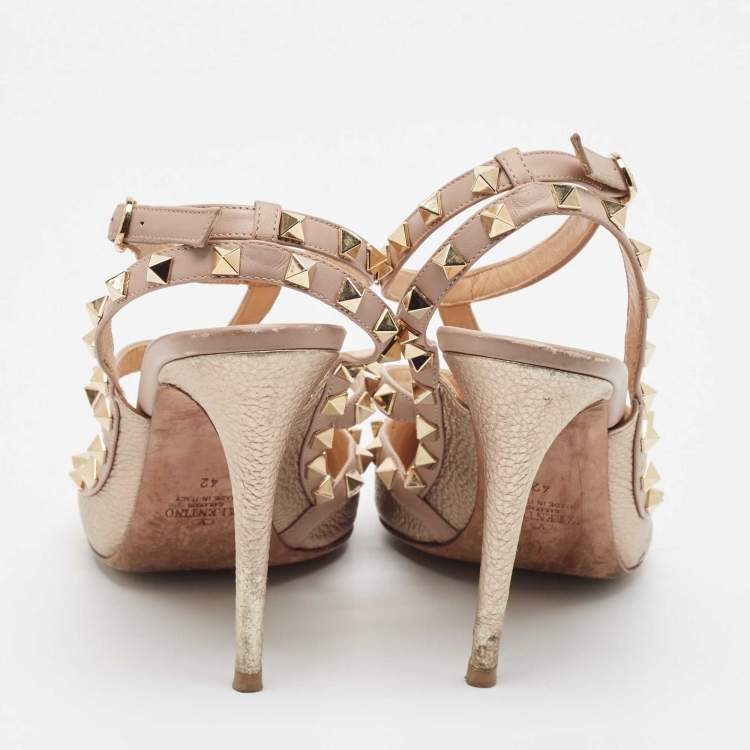 Pre Owned Valentino Metallic Pink Leather Rockstud Ankle Strap Pumps Size 42
