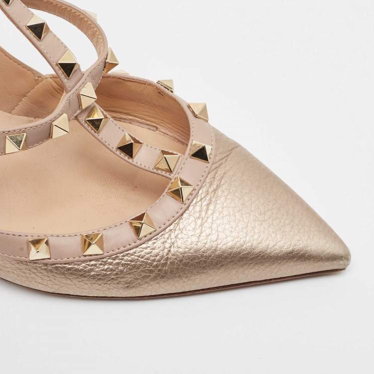 Pre Owned Valentino Metallic Pink Leather Rockstud Ankle Strap Pumps Size 42