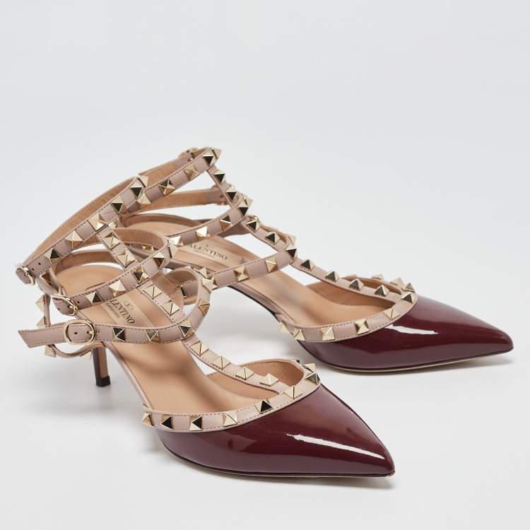 Pre Owned Valentino Burgundy Patent Leather Rockstud Ankle Strap Pumps Size 39