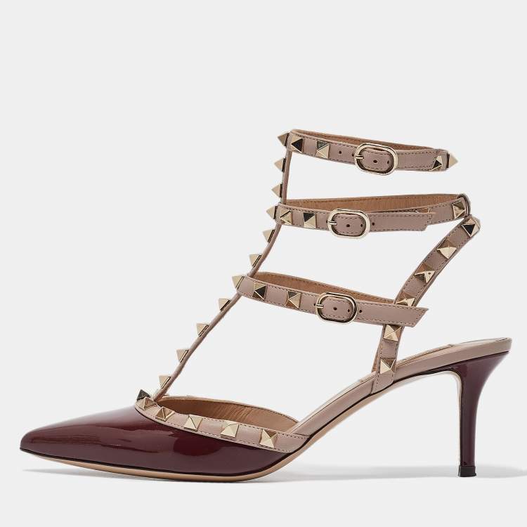 Pre Owned Valentino Burgundy Patent Leather Rockstud Ankle Strap Pumps Size 39