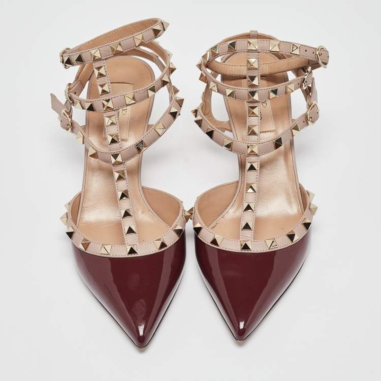 Pre Owned Valentino Burgundy Patent Leather Rockstud Ankle Strap Pumps Size 39